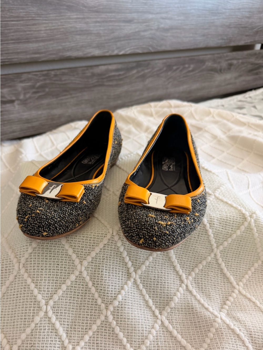 Salvatore Ferragamo Black and Mustard Tweed Vara Bow Flats
